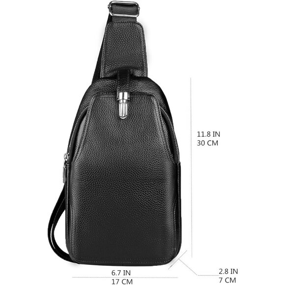 Genuine Leather Sling Bag Unisex Crossbody Purse Travel Daypack Black - Picture 3 of 7